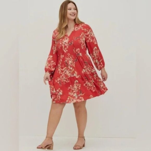 725-11 NWT Torrid Red Coral Floral Crinkle Gauze Knee-length Dress Sz 1 14/16 - Picture 2 of 11